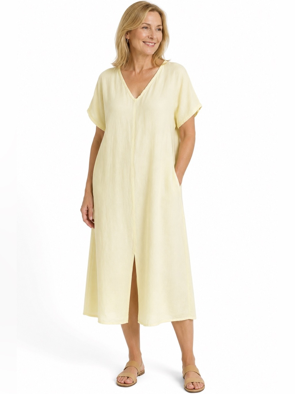 Flax Linen Blend Relaxed Fit Midi Dress Lagenlook Pale Yellow Size M